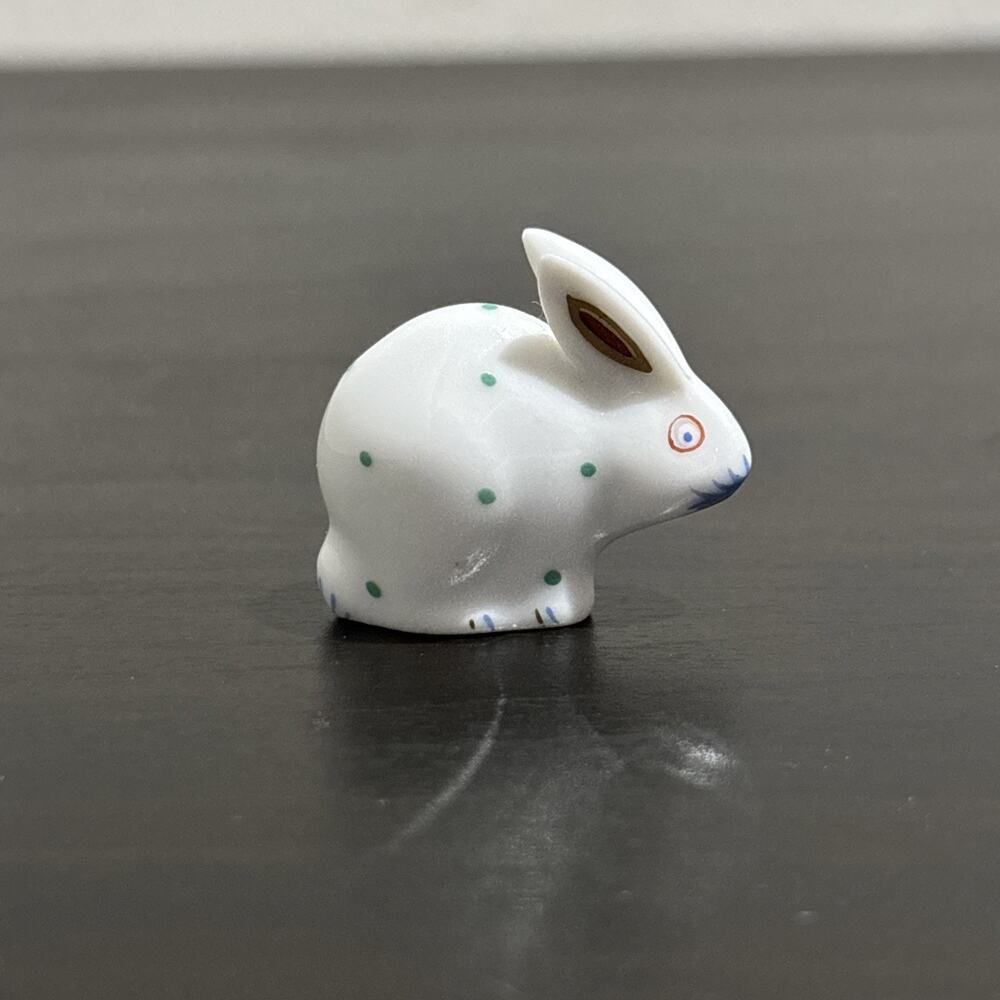 Vintage Mini Herend Polka Dot Bunny Rabbit Green Dots 24K Gold Figurine